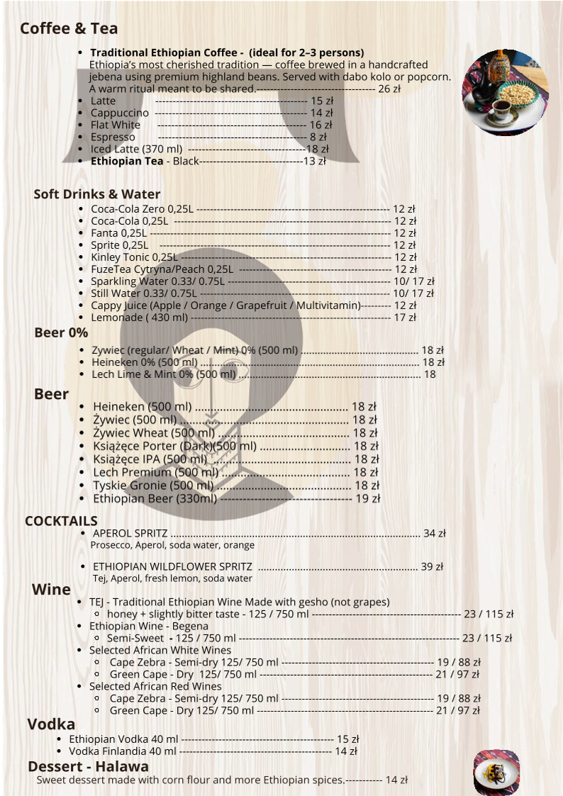 GE'EZ drinks and dessert menu