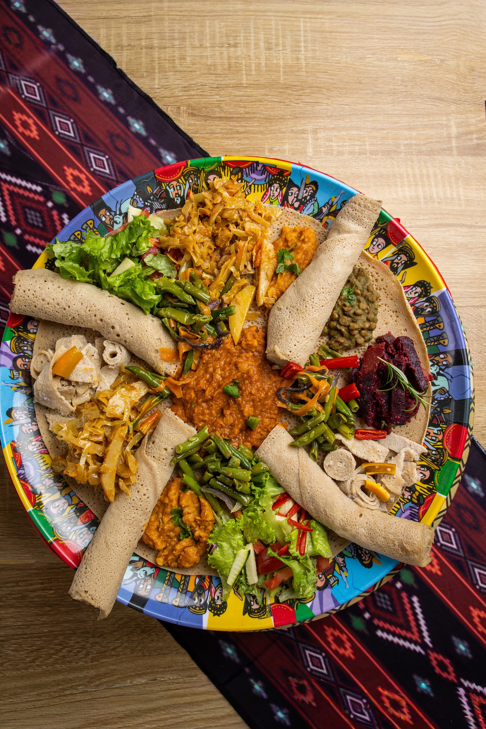 Ethiopian sharing platter on injera